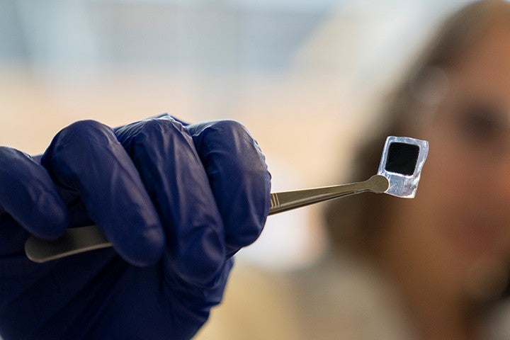 Person holding a piece of an electrochemistry device